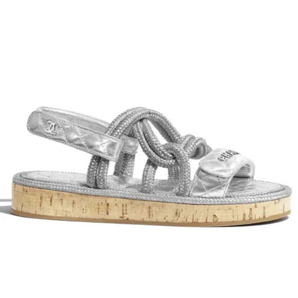 šSOLD CHANELš¤©20S CC Lambskin Cord Rope Logo Dad Sandals in Silver Sz 39 - Picture 3 of 16
